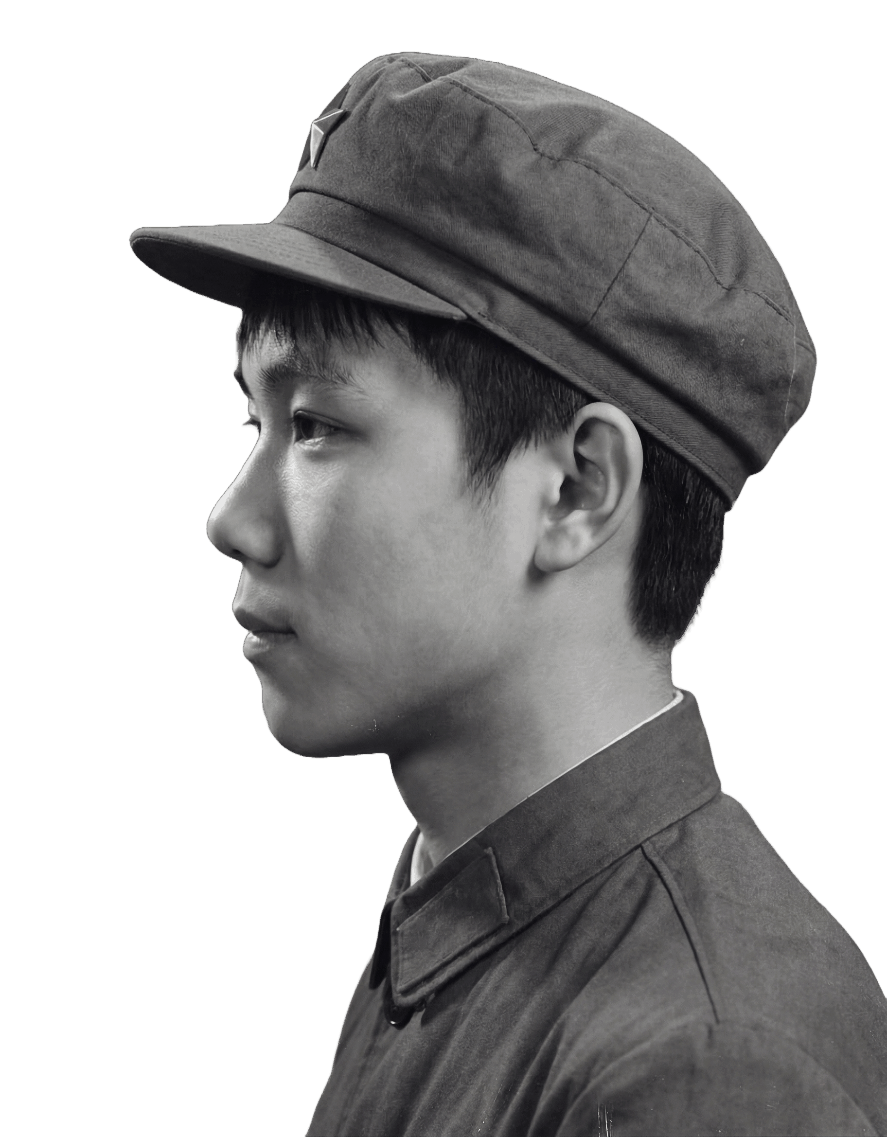 站点主人佩戴帽子的黑白侧脸肖像。